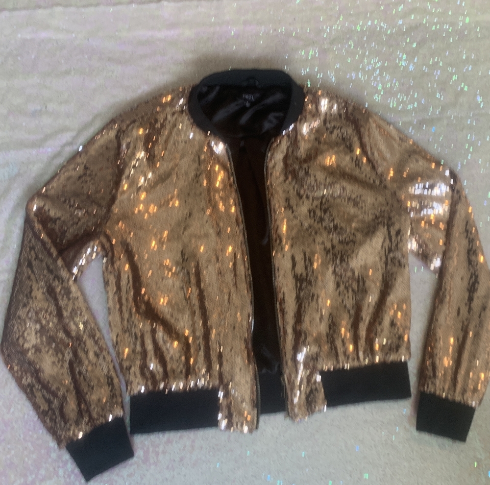 Rue 21 Gold sequin bomber jacket. Black banded bling coat large